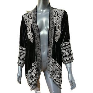 Johnny Was Size Medium M Black Velvet Draped Embroidered Silk Cardigan